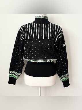 Vintage Demetre Women's Fair Isle Ski Sweater Med (S) Black 1/4 Zip Pullover